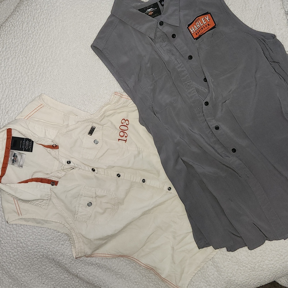 Two Womens Sleeveless Shirts. Both Large. Cream colored 100% Cotton.  Grey is S